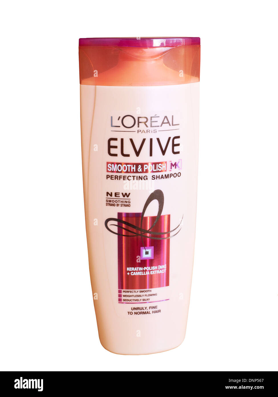 Bottle of L`oreal Elvive shampoo isolated on white background Stock